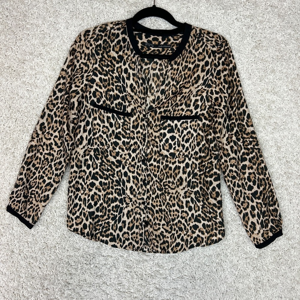 ZARA Cheetah Print Blouse Women Small Black Brown Mob Wife Career Office Club